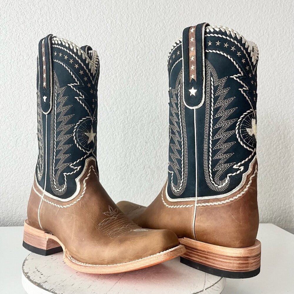 Lane Rodeo Houston Mens Cowboy Boots Brown Navy Western Blunt Toe Size 11.5D